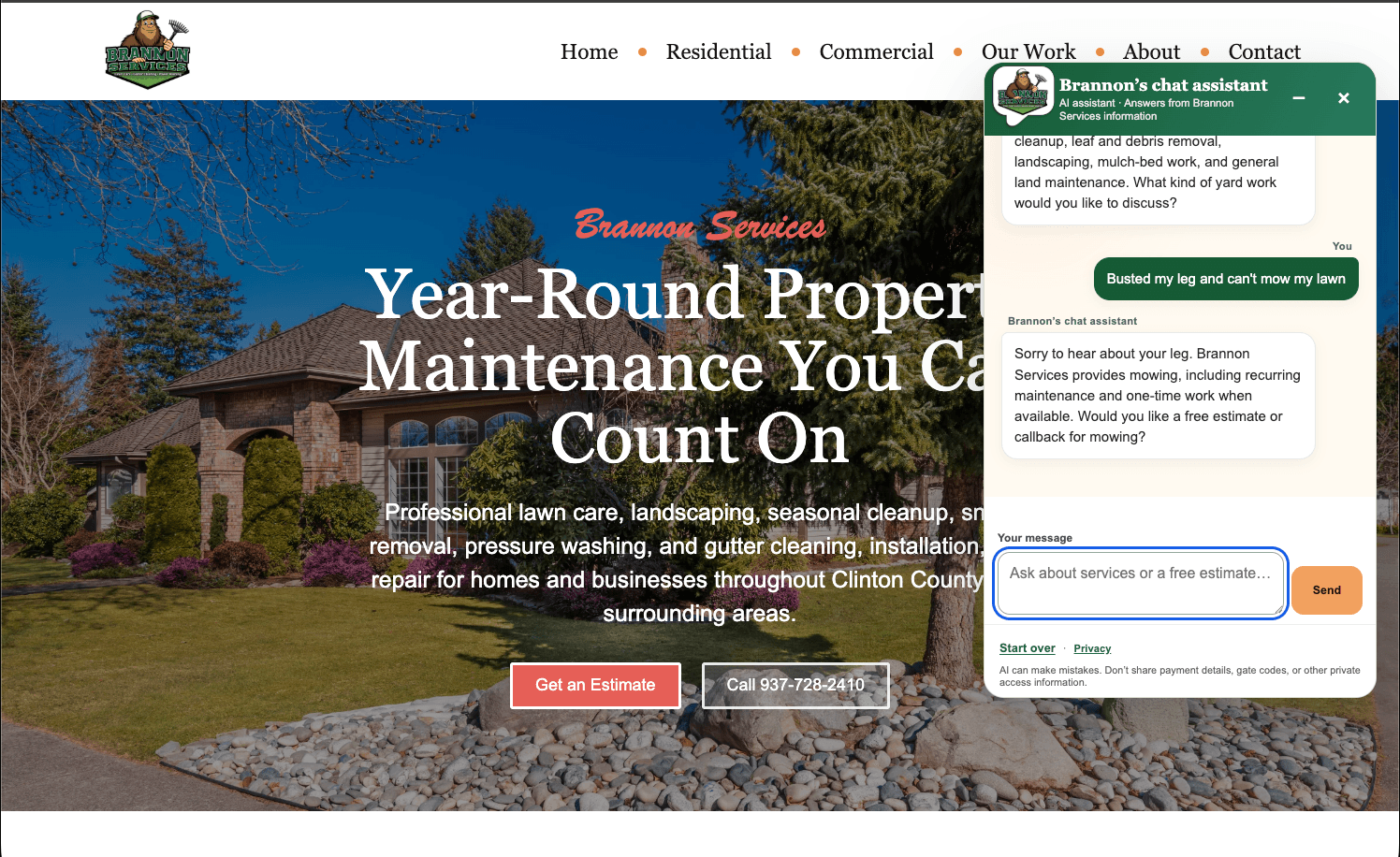 Brannon Services website with its integrated AI conversation open