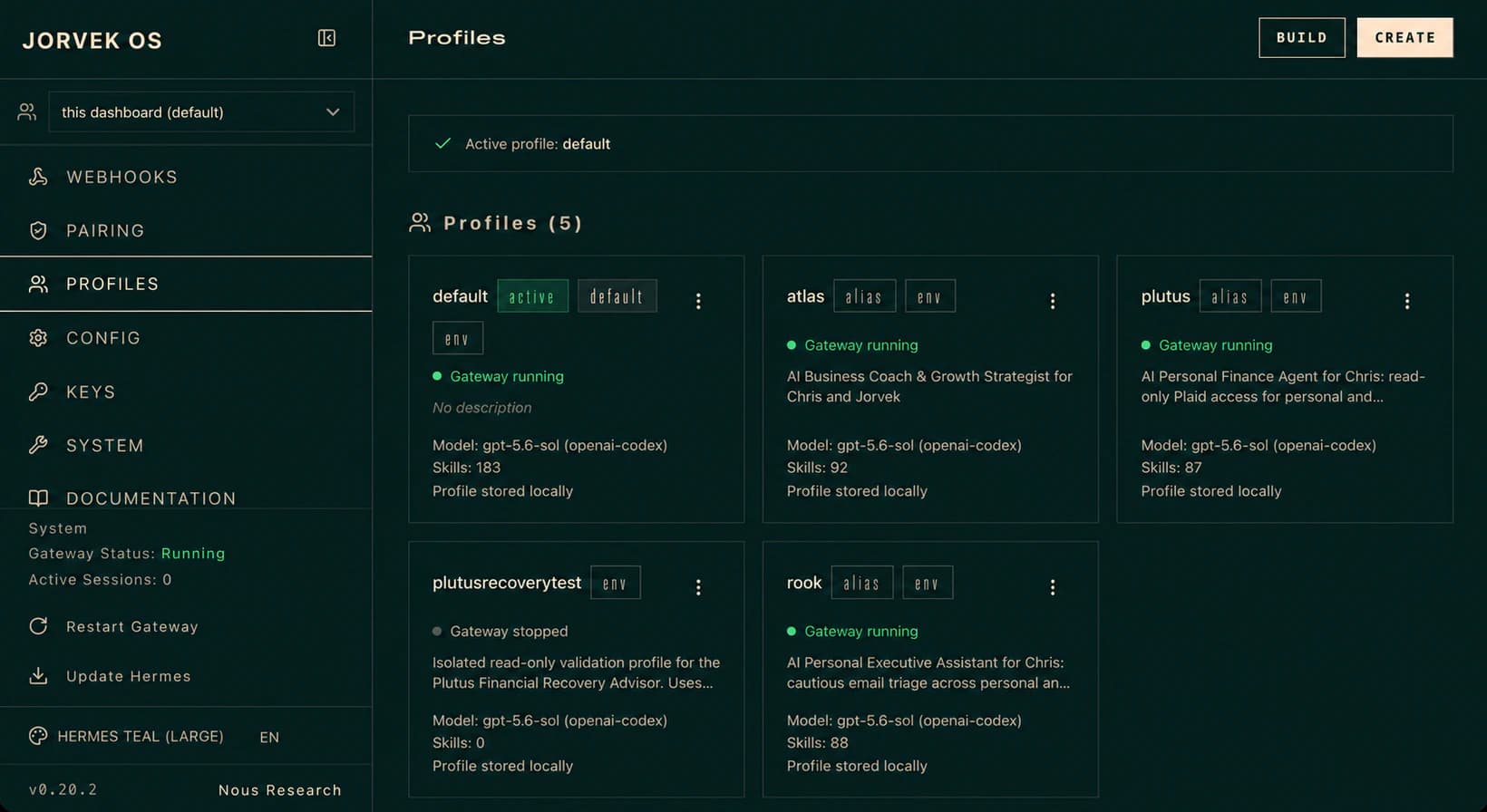Jorvek OS profile dashboard showing a coordinated team of AI assistants
