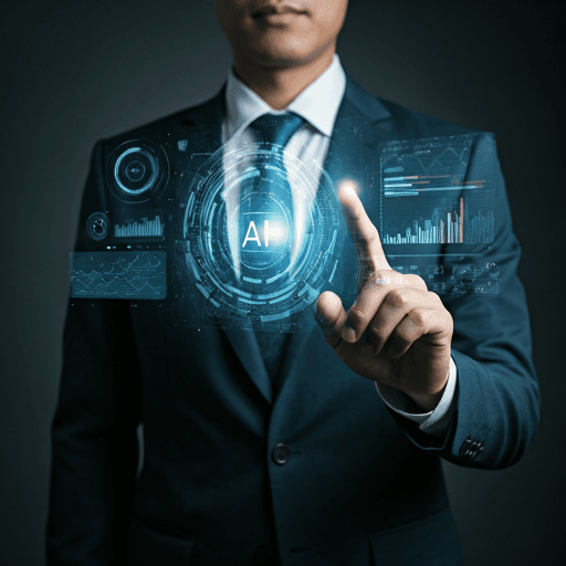 Professional using a futuristic AI interface in an office setting