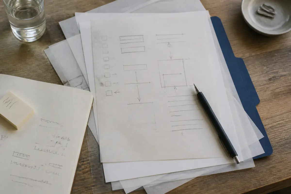 A working decision plan, notes, pen, and navy folder arranged on a table