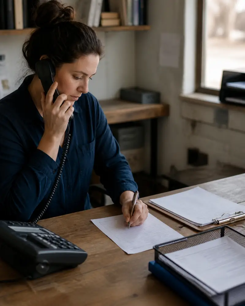 A service-business operator tracing a phone inquiry into a paper follow-up process