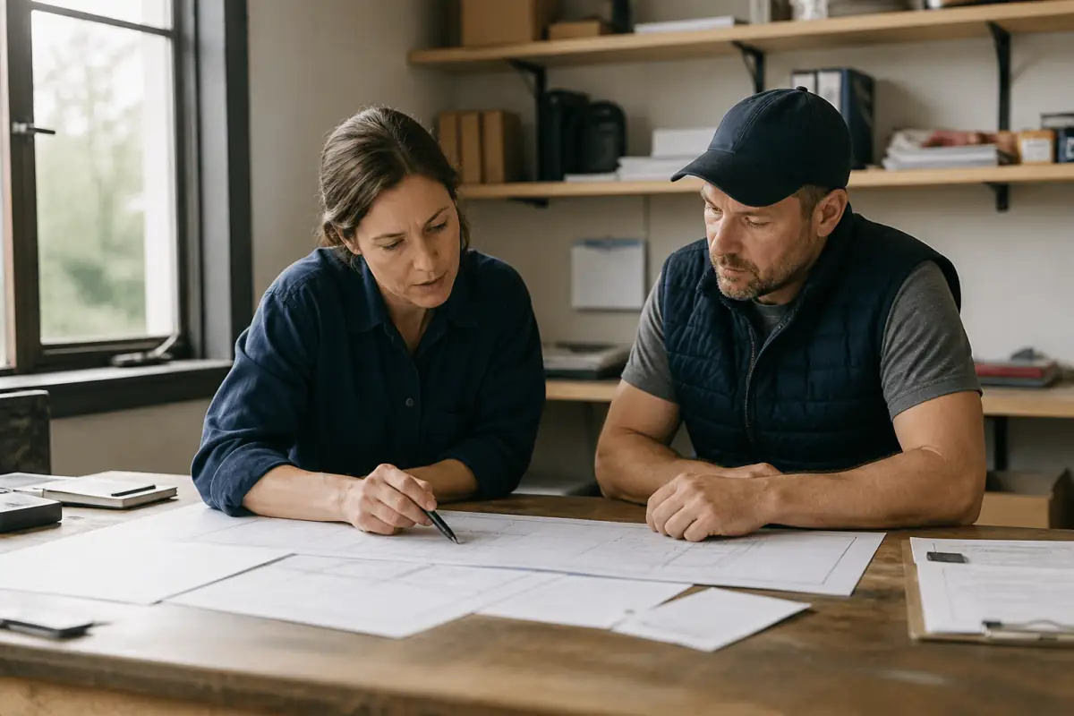 A business owner and consultant reviewing a paper workflow together
